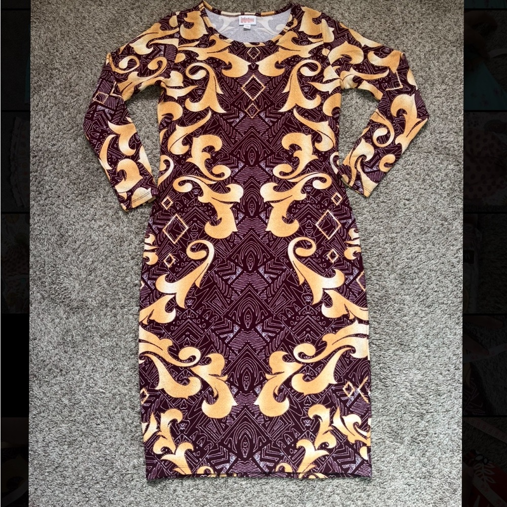 LuLaRoe Burgundy and Gold Bodycon Dress